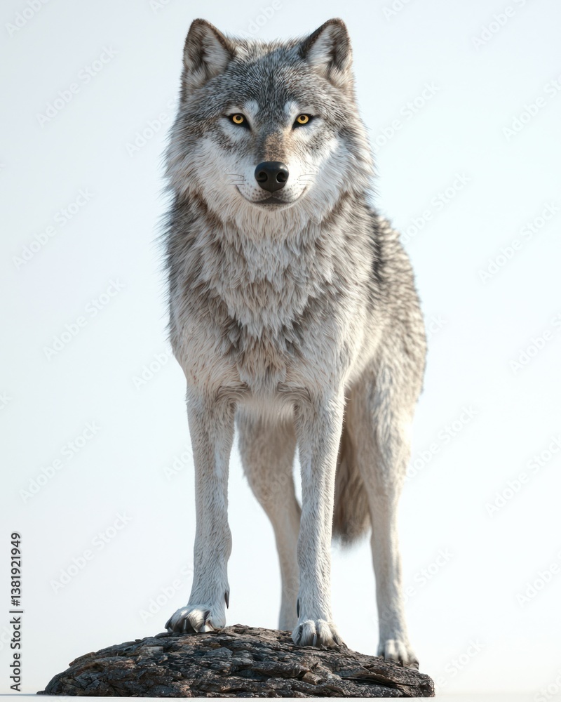 Fototapeta premium Grey wolf standing atop rock, fur detailed, eyes shining, against bright sky