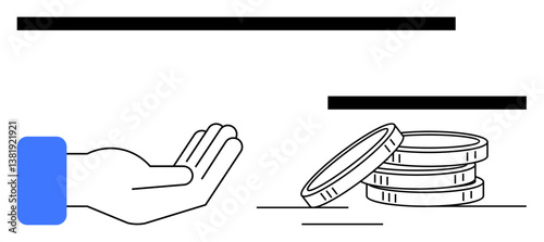 Open hand reaching towards a pile of stacked coins, symbolizing aid, funding, investment, and opportunity. Ideal for finance, charity, crowdfunding economy savings equity business. Flat simple