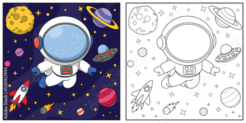 Astronaut in space. Black and white vector illustration for coloring book.