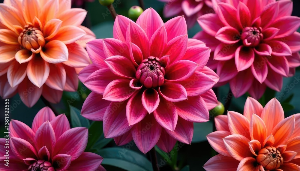 Bold dahlia petals, repeating design, rich color palette, flowers, wallpaper, print Bold dahlia petals, repeating design, rich color palette, flowers, wallpaper, print
