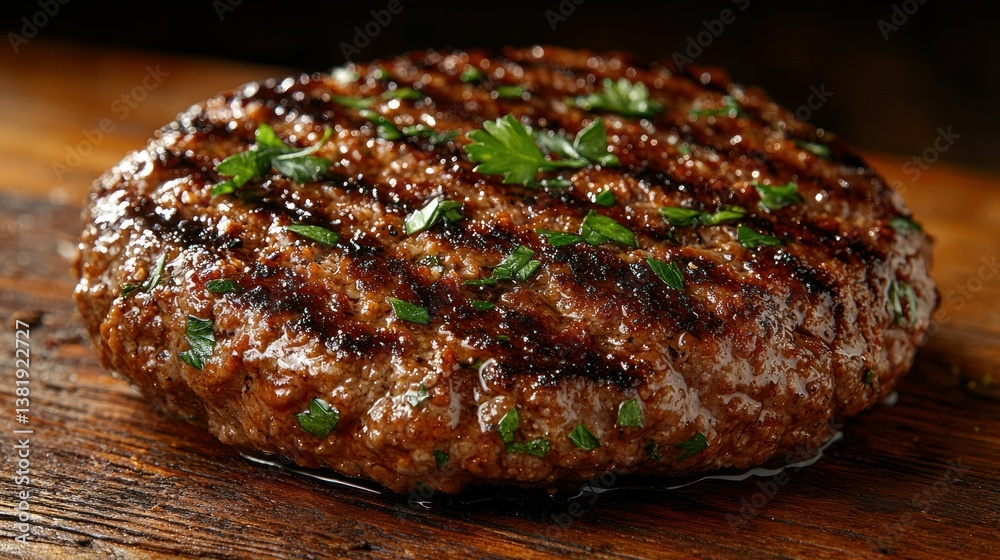 Grilled meat patty with herb garnish, resting on wood Grilled meat patty with herb garnish, resting on wood
