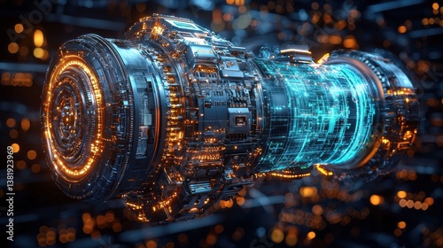Captivating 3D rendering of a futuristic glowing spacecraft engine design in a vibrant cyberpunk inspired color palette  The intricate dimensional evokes a sense of advanced photo