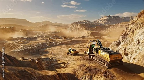 Massive Quarry Operation at Sunset: Heavy Machinery Excavating in Desolate Mountain Landscape