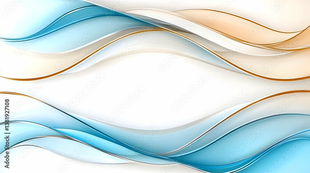 Obraz premium Abstract flowing waves in blue, white, and gold on white background. generative ai
