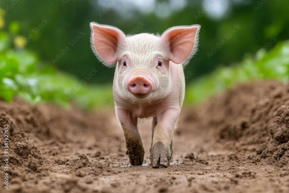 A curious piglet sniffing the camera lens with its snout covered in mud A curious piglet sniffing the camera lens with its snout covered in mud