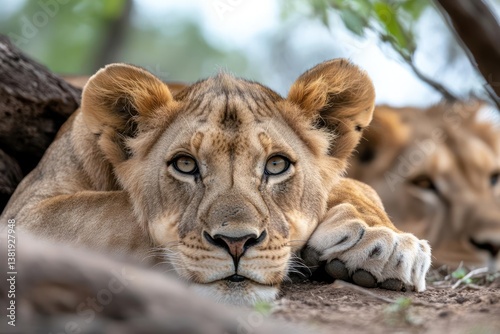 Close up of a lioness looking at the camera with a second lioness blurred in the background resting under the shade of a tree with neutral tone colors photo