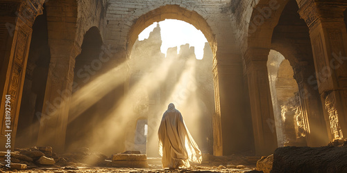 Ancient Archway with Light Rays, Mystical Figure in Ruins, Ethereal Ancient Ruins, Mysterious Light Beams, Historical Archway Scene
