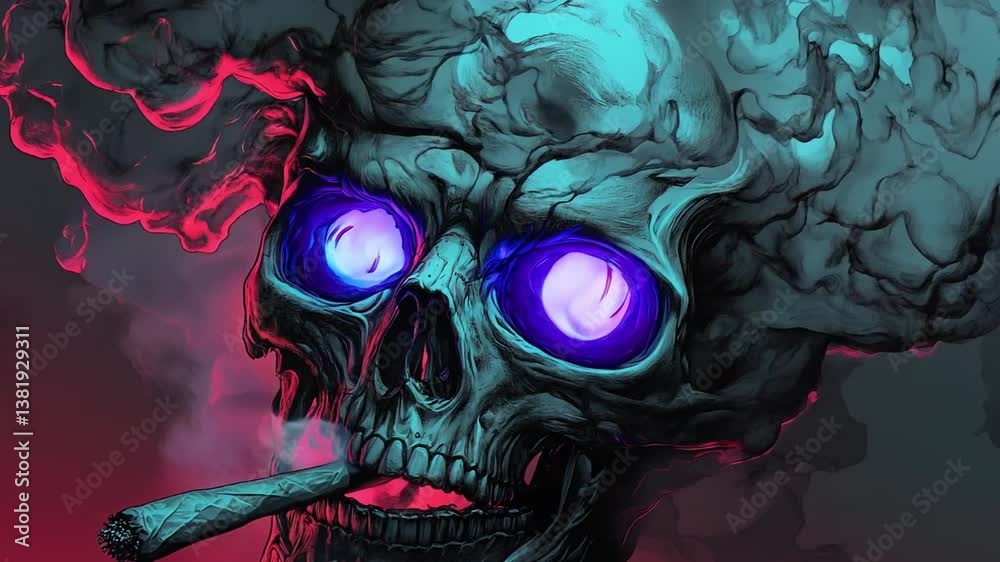 Dark surreal skull with glowing red eyes and smoke swirling into the night in an eerie neon-lit horror art style