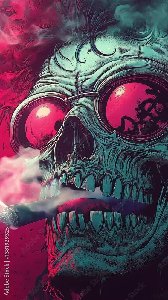 Mythical godlike skeleton with a hypnotic gaze and surreal smoke patterns in a trippy fantasy horror illustration