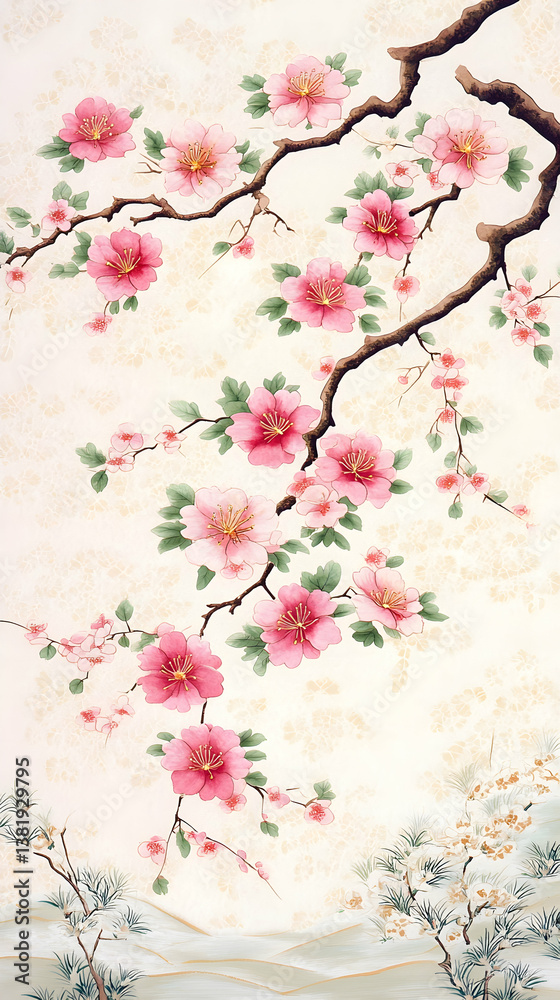 Fototapeta premium Delicate pink blossoms on graceful branches against a soft, pale background, suggesting a tranquil Asian-inspired landscape. generative ai