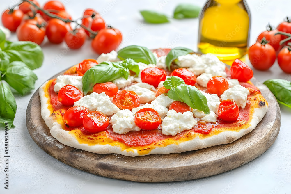 Delicious pizza with fresh mozzarella, cherry tomatoes, and basil. generative ai Delicious pizza with fresh mozzarella, cherry tomatoes, and basil. generative ai