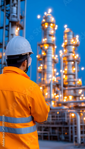 Engineer in safety gear overlooking illuminated refinery at night. generative ai