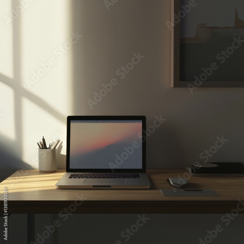 Wallpaper Mural Minimalist workspace with laptop on wooden desk in morning light Torontodigital.ca