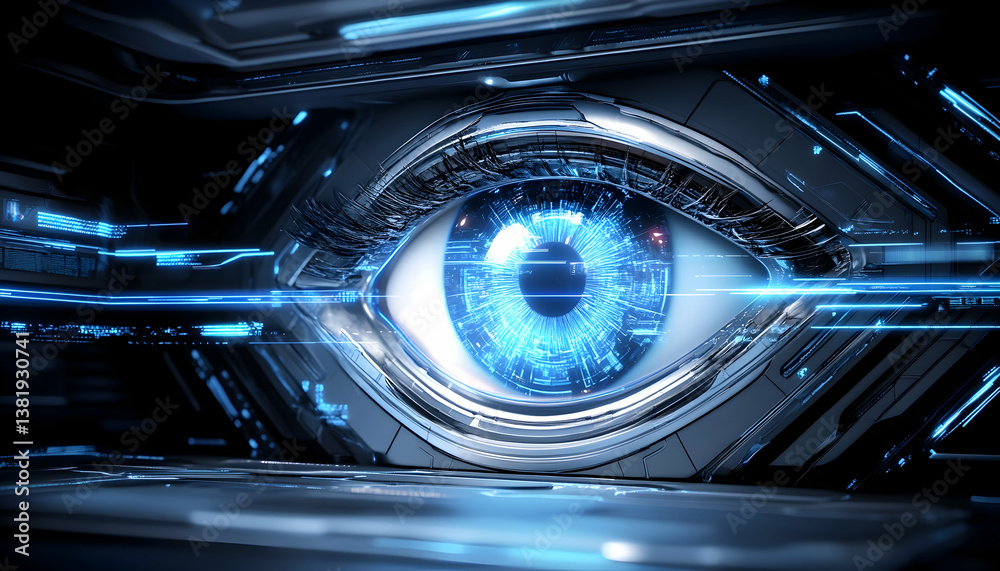 Futuristic blue eye embedded in metallic, technological structure. generative ai Futuristic blue eye embedded in metallic, technological structure. generative ai