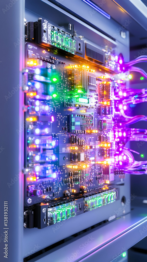 Fototapeta premium Illuminated circuit board with fiber optic cables. generative ai