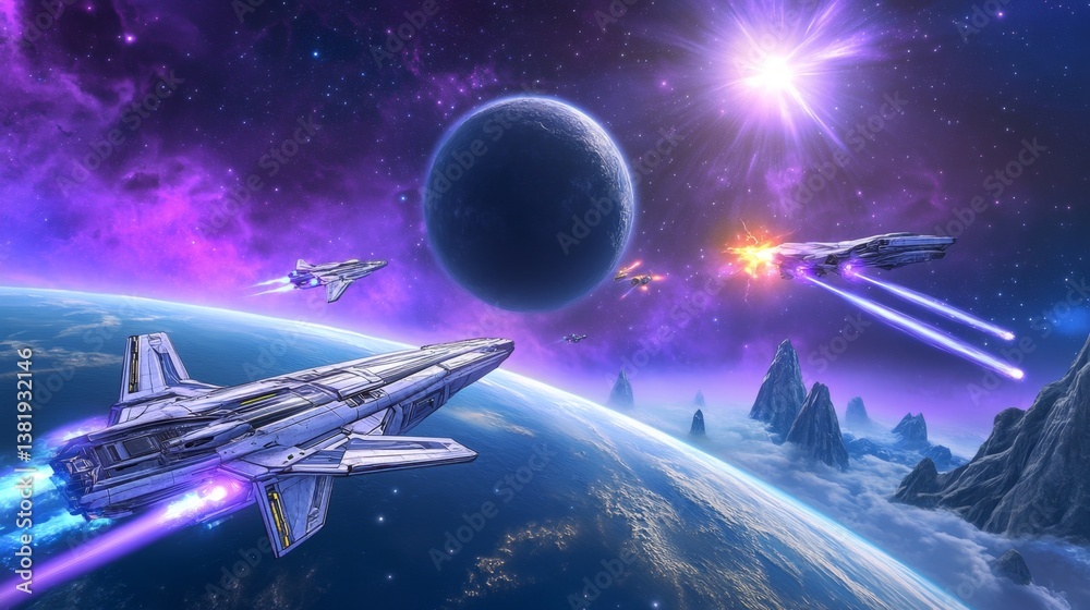 A digital illustration of a space battle with laser blasts and futuristic spaceships near a black hole A digital illustration of a space battle with laser blasts and futuristic spaceships near a black hole