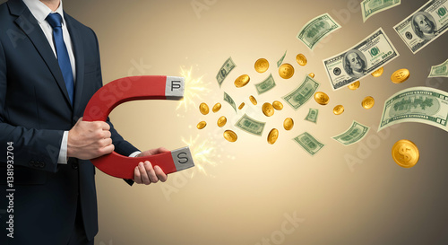 Attracting Money Businessman Holding Magnet Pulling in Dollars and Coins