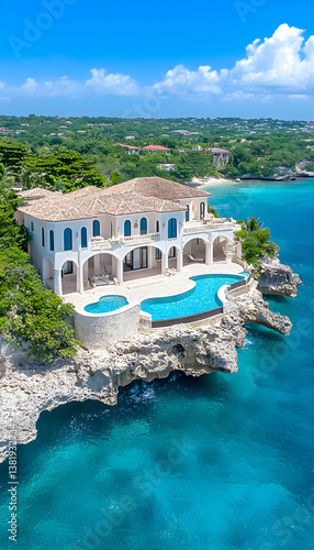 Luxurious beachfront villa with infinity pool overlooking turquoise ocean. generative ai