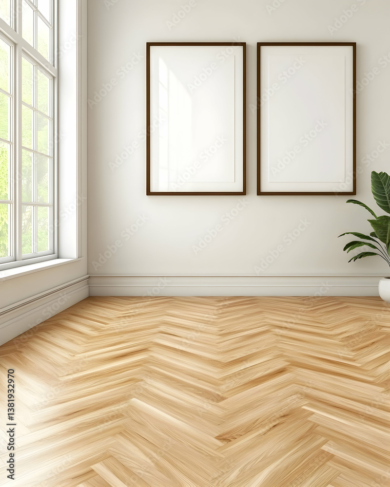 Fototapeta premium Minimalist interior with herringbone wood floor, large window, and blank frames. generative ai