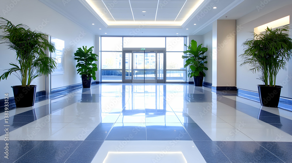 Modern, bright office building lobby with polished floors, potted plants, and glass doors. generative ai Modern, bright office building lobby with polished floors, potted plants, and glass doors. generative ai