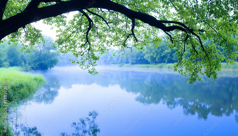 Serene river scene with overhanging tree branch and morning mist. generative ai Serene river scene with overhanging tree branch and morning mist. generative ai