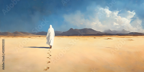 Man in white robe walking in desert, blue sky and clouds, distant mountains, footprints in sand, landscape scene with figure