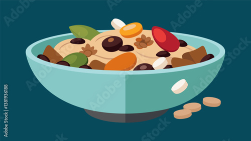 A batch of homemade trail mix filled with nuts dried fruits and chocolate chips for a quick and energizing bite.. Vector illustration