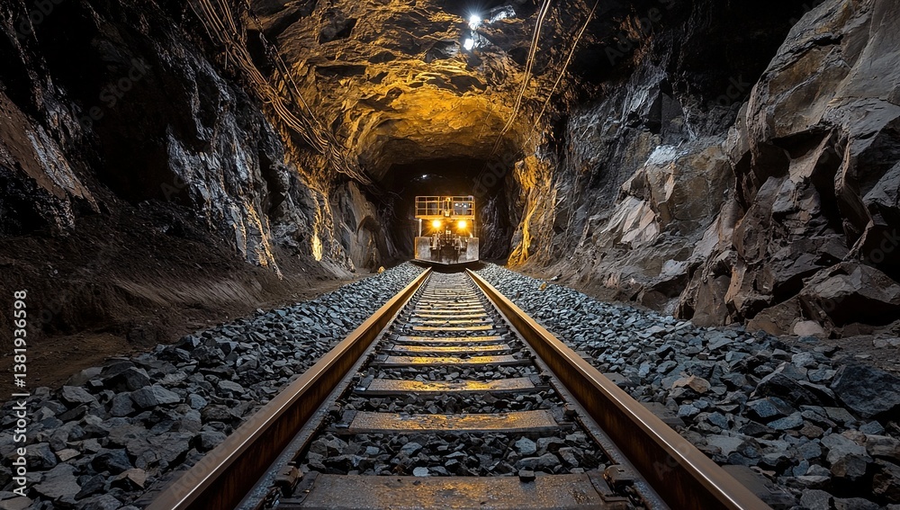 Naklejka premium Train Moving Through Dark Rock Tunnel