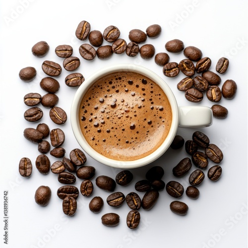 A minimalist flat lay showcasing a steaming cup of espresso encircled by roasted coffee beans on a pristine white background perfect for cafe menu or coffee packaging design.