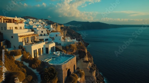 Santorini s Iconic White Buildings Perched on Caldera Cliffs at Sunset with Ocean view