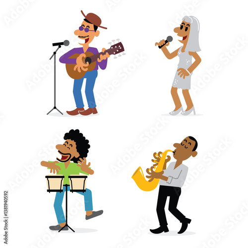 Cartoon of a singer and musician with guitar, bongo drums, and saxophone.