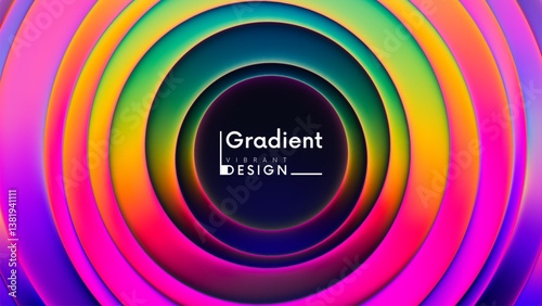 Colorful radial gradient with dynamic futuristic layered concentric neon circles. Vibrant digital banner with neon curved layers and smooth glowing intense colors for modern mesmerizing design project