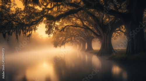 Mystical dawn serenity: River reflection beneath draped moss in tranquil sunrise