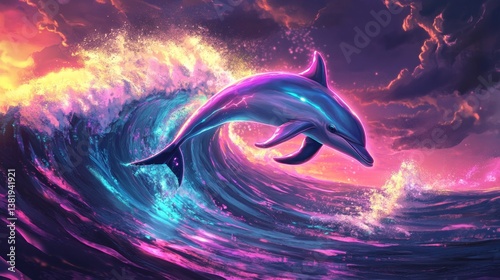 Luminous dolphin leaps through vibrant wave at sunset, creating a surreal oceanic dance