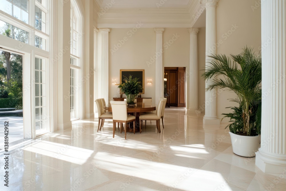 Spacious interior with a dining set elegant columns and large windows. Sunlight streams through the glass illuminating the marble floors and potted plant. The room exudes luxury and sophistication Spacious interior with a dining set elegant columns and large windows. Sunlight streams through the glass illuminating the marble floors and potted plant. The room exudes luxury and sophistication