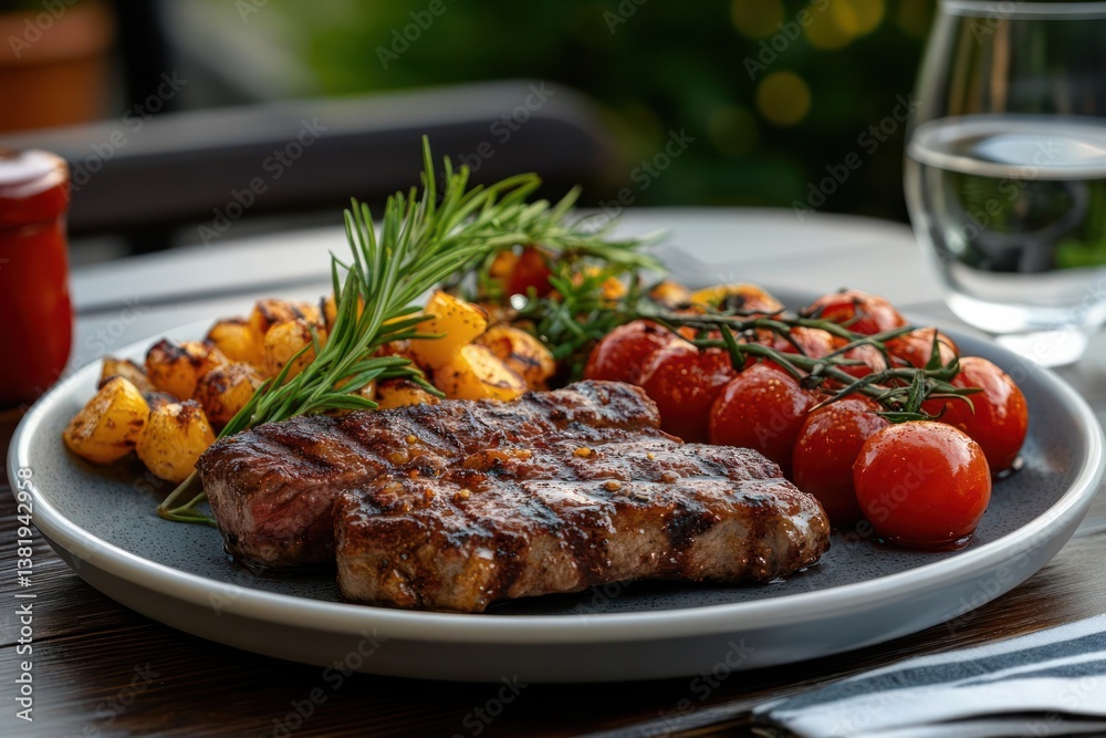 Grilled steak with roasted potatoes and cherry tomatoes on plate with rosemary sprig and glass of water. Outdoor dining scene Grilled steak with roasted potatoes and cherry tomatoes on plate with rosemary sprig and glass of water. Outdoor dining scene