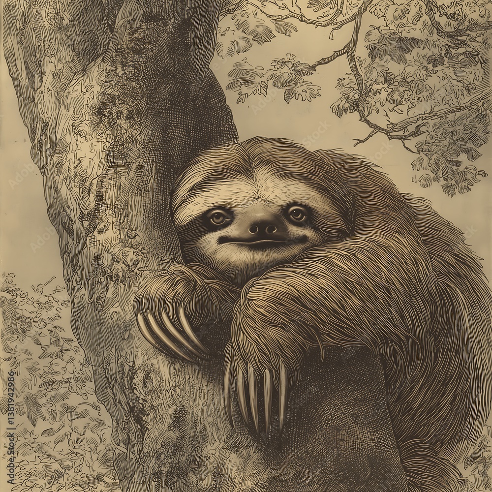 Fototapeta premium Cute Sloth in Tree - Quirky Animal Portrait Illustration | Peaceful Wildlife Art & Nature Lover's Delight