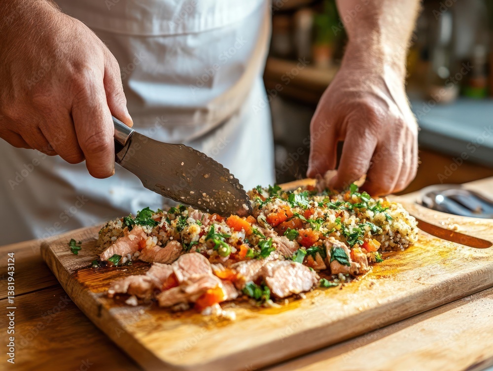 Chef slicing a baked salmon with vegetables on a wooden board in a kitchen setting. The image focuses on the food preparation and culinary process. The lighting is natural, highlighting the colors of Chef slicing a baked salmon with vegetables on a wooden board in a kitchen setting. The image focuses on the food preparation and culinary process. The lighting is natural, highlighting the colors of