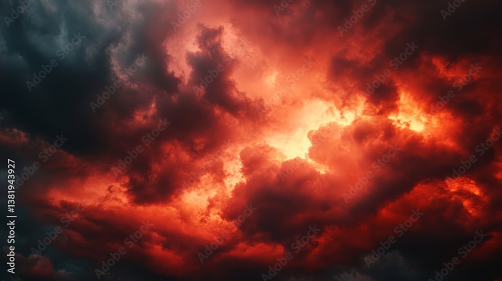 Fiery red and dark dramatic clouds during a storm at sunset in the sky Fiery red and dark dramatic clouds during a storm at sunset in the sky