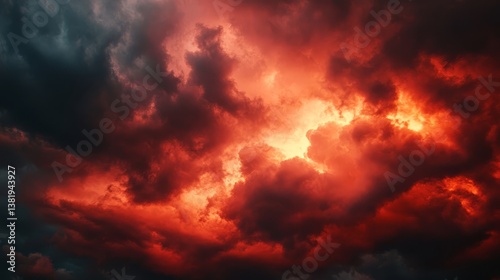 Fototapeta Naklejka Na Ścianę i Meble -  Fiery red and dark dramatic clouds during a storm at sunset in the sky