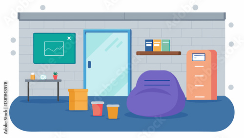 A designated area in the garage equipped with a whiteboard for brainstorming a comfortable bean bag chair and a mini fridge for snacks and drinks.. Vector illustration