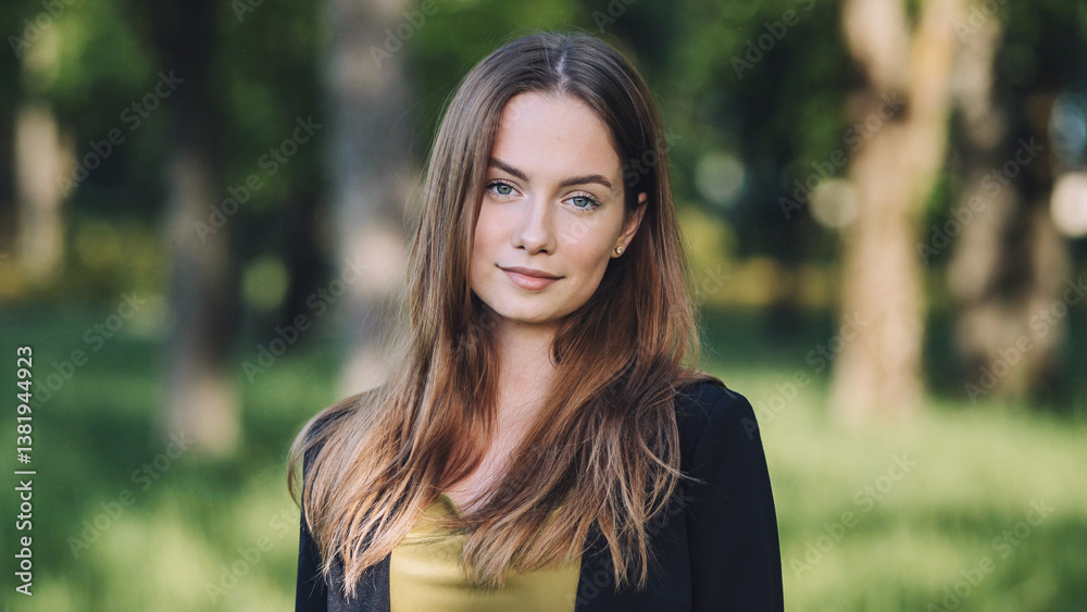 Portrait of a young businesswoman smiling in a city park during a sunny day, showing confidence and professionalism Portrait of a young businesswoman smiling in a city park during a sunny day, showing confidence and professionalism