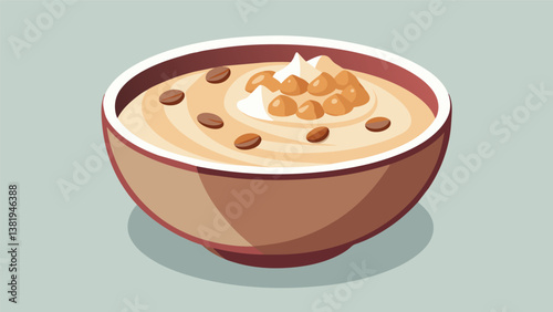 A bowl of warm oatmeal made with unsweetened almond milk topped with walnuts and a dash of cinnamon for a comforting and nutritious study snack.. Vector illustration