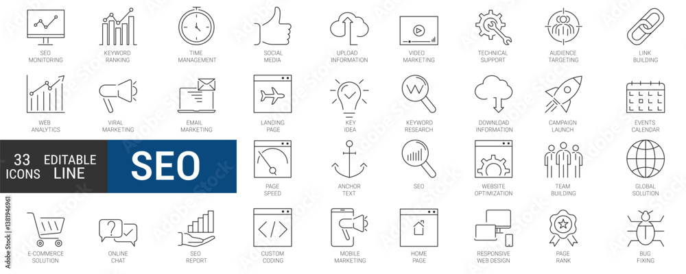 Seo editable stroke, outline web icon set - search engine optimization and website analytics. simple vector collection. Seo editable stroke, outline web icon set - search engine optimization and website analytics. simple vector collection.