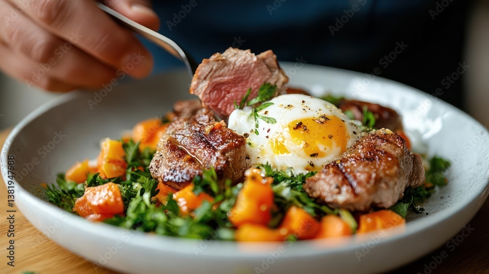 Close-up view of a plate with steak fried egg and vegetables a hand holding fork with a piece of steak. Food presentation with mixed ingredients Close-up view of a plate with steak fried egg and vegetables a hand holding fork with a piece of steak. Food presentation with mixed ingredients