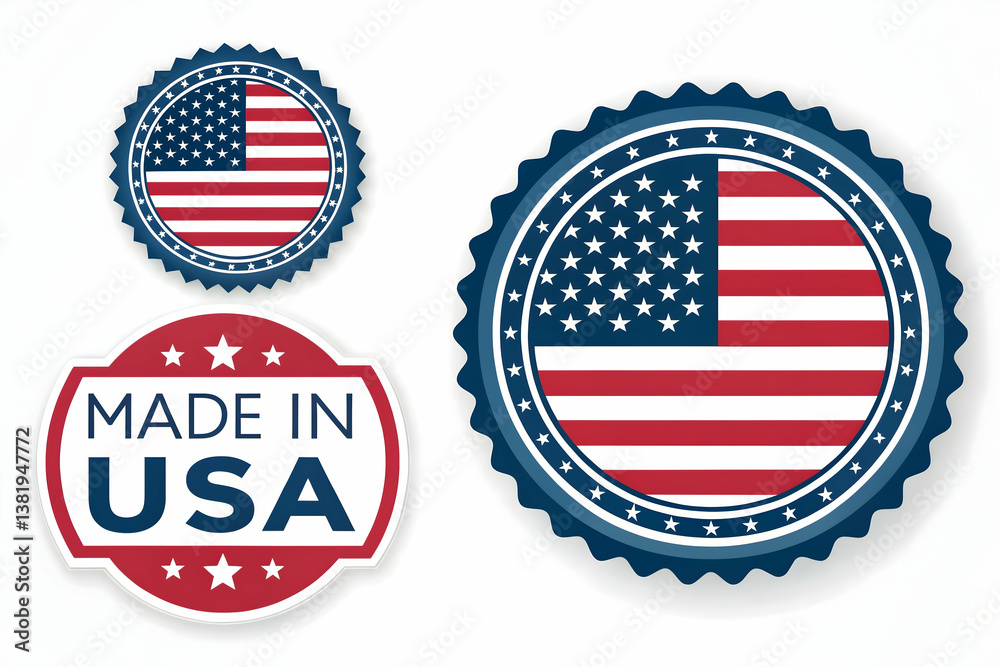 Vector illustration of design of Made in USA,Set of 'Made in USA' labels and badges with American flag elements, patriotic design in red, white, and blue colors, circular and scalloped shapes, clean a Vector illustration of design of Made in USA,Set of 'Made in USA' labels and badges with American flag elements, patriotic design in red, white, and blue colors, circular and scalloped shapes, clean a