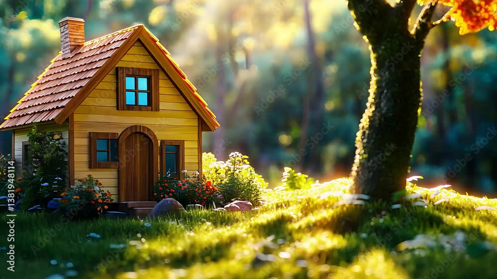 Charming Wooden Cottage Surrounded by Lush Greenery with Warm Sunlight Streaming Through Trees

