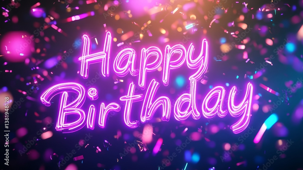 Vibrant neon happy birthday text with festive confetti and lights