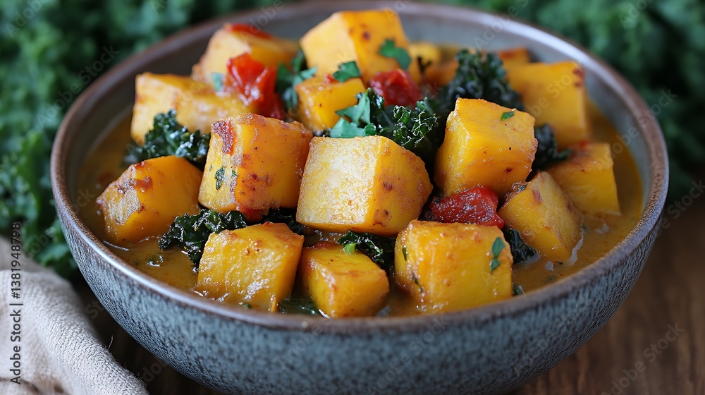 Butternut Squash Curry Bowl with Kale and Tomatoes Close Up Butternut Squash Curry Bowl with Kale and Tomatoes Close Up
