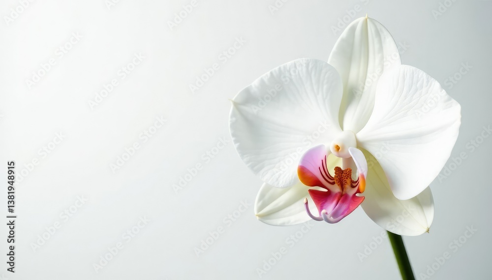 Obraz premium Delicate white orchid blossom on pure white backdrop, bright, soft, natural beauty